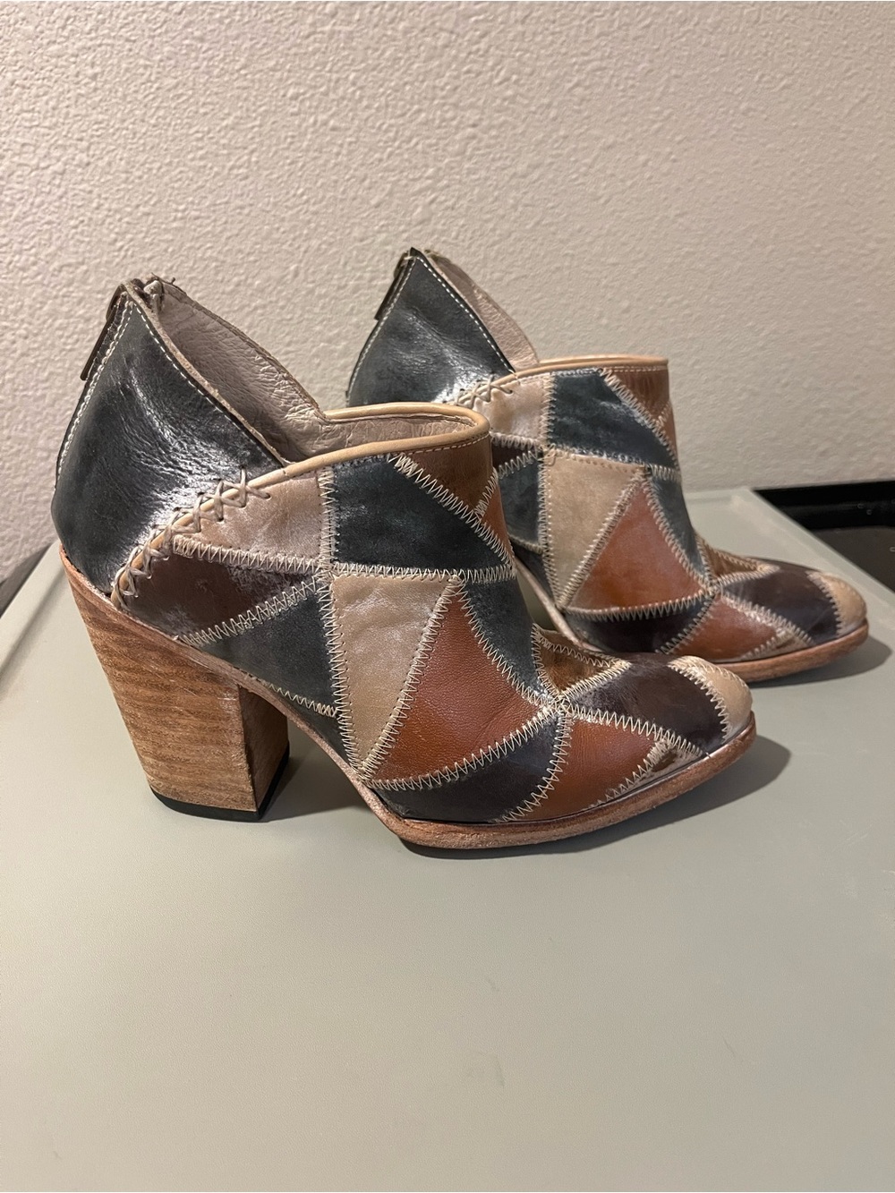 Freebird by Steven Patchwork Leather Ankle Booties in Brown, Black, Cream